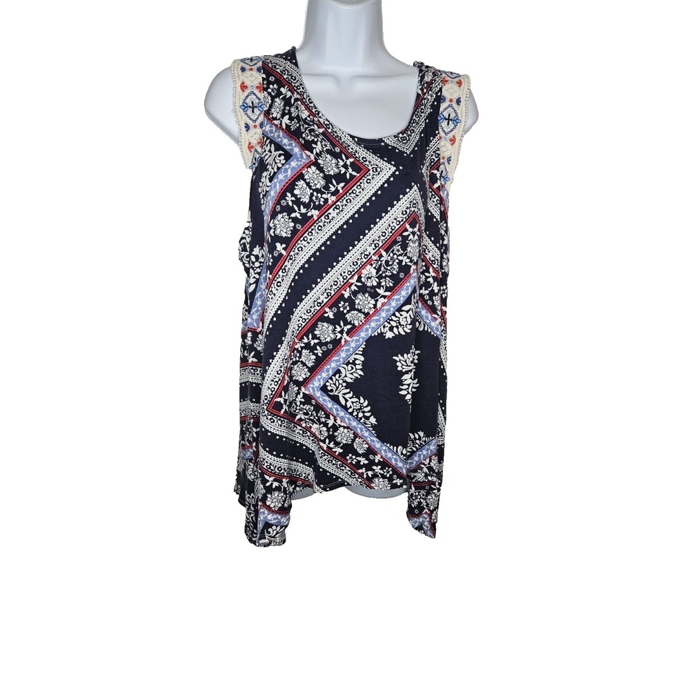 EST. 1946 Plus 18/20W Boho Sleeveless Tank Top Navy Floral Paisley Crochet Trim